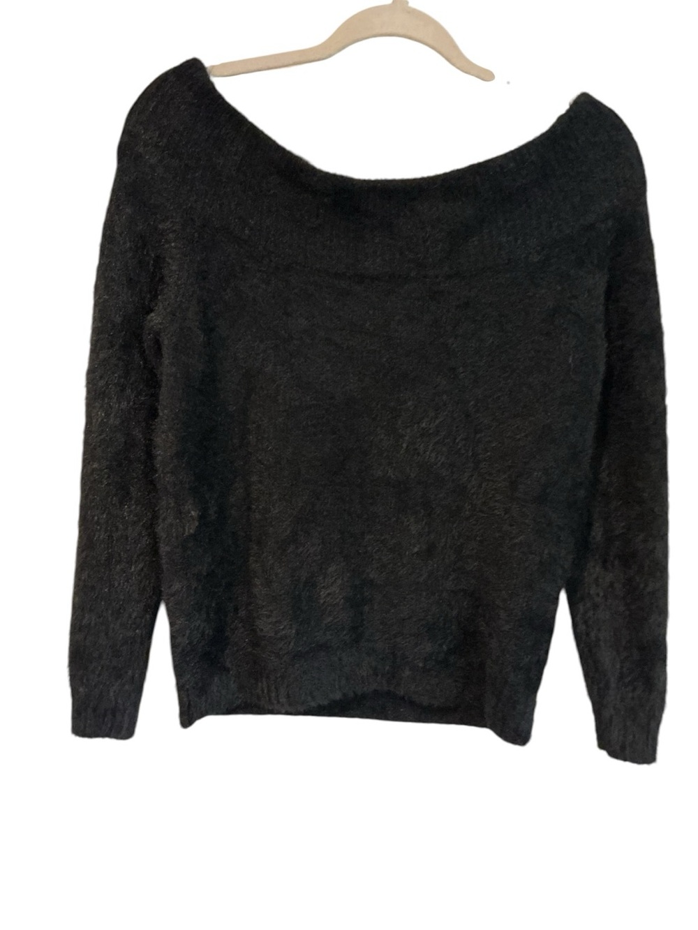 IRIS Black Fuzzy Knit Off Shoulder Sweater Women Medium Soft Cozy - Picture 2 of 8